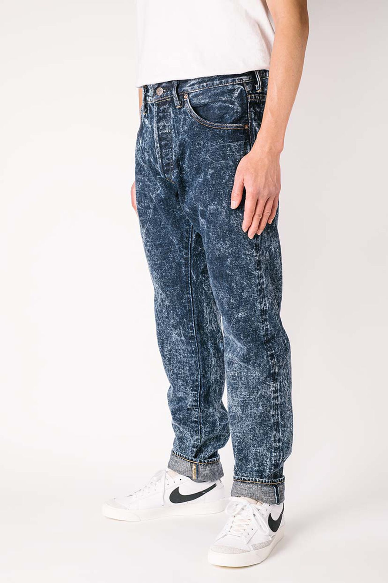 NAWHT 16.5oz Natural Indigo Acid Wash High Rise Tapered Jeans image number 3